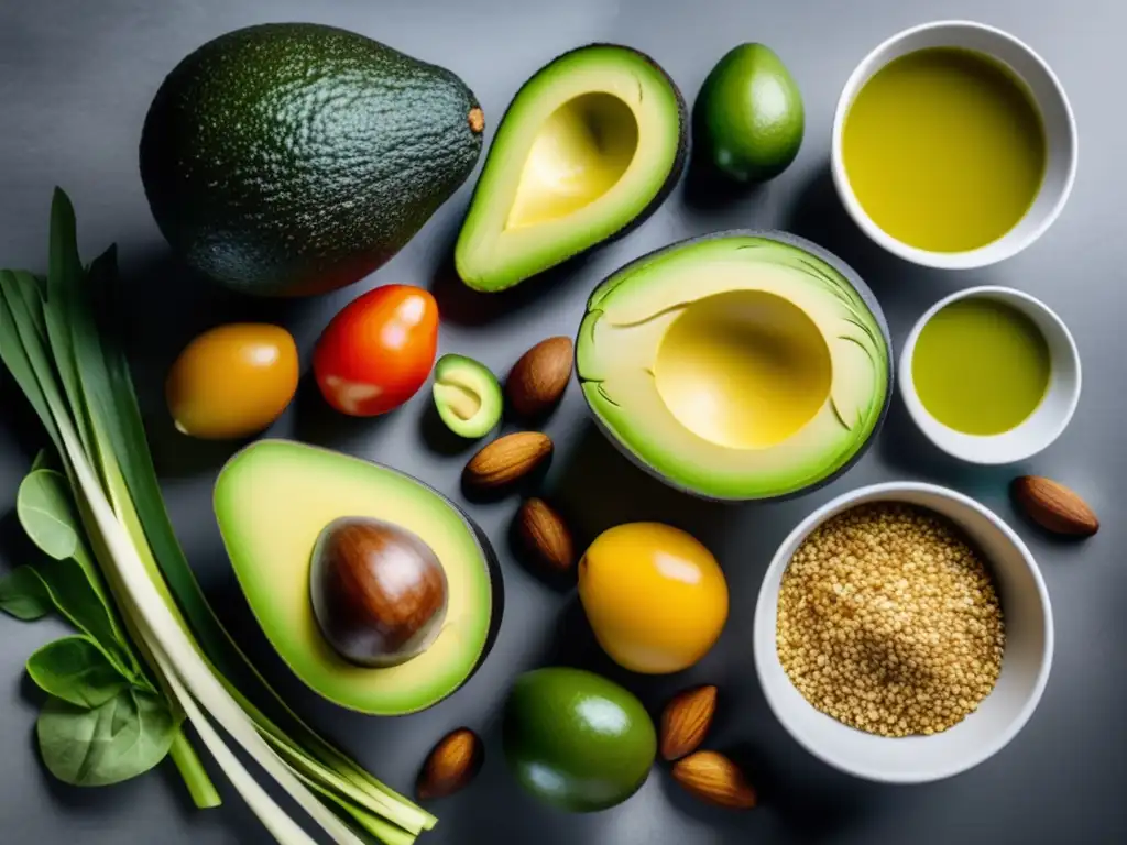 Una exquisita variedad de verduras y grasas saludables en una cocina moderna, perfecta para la prevención de cálculos renales con dieta cetogénica.