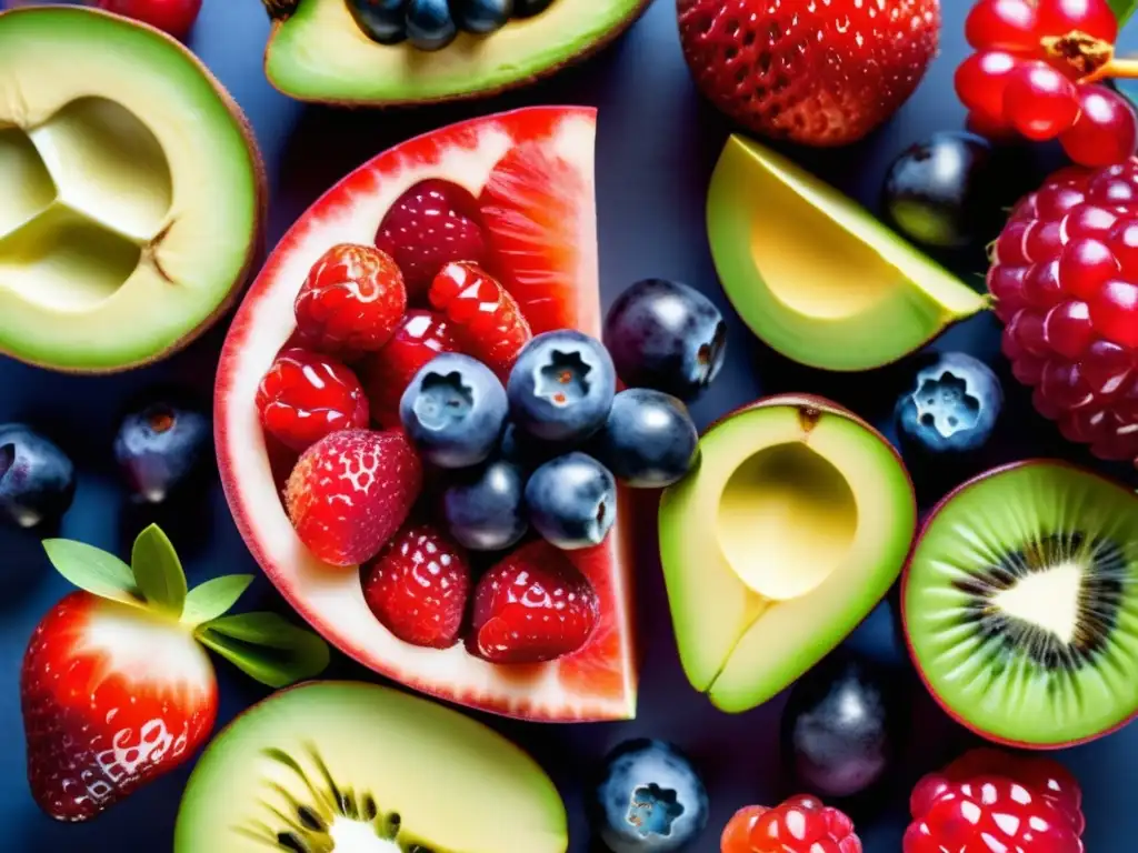 Una exquisita y vibrante composición de frutas permitidas en dieta cetogénica, con fresas, arándanos, aguacate y granada.