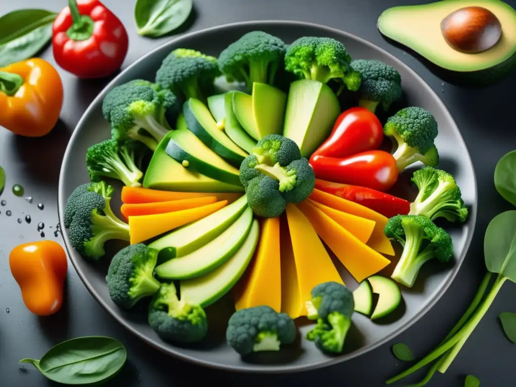 Una exquisita y vibrante selección de verduras keto en un plato, resaltando los beneficios de la dieta cetogénica para convencer a tu médico.