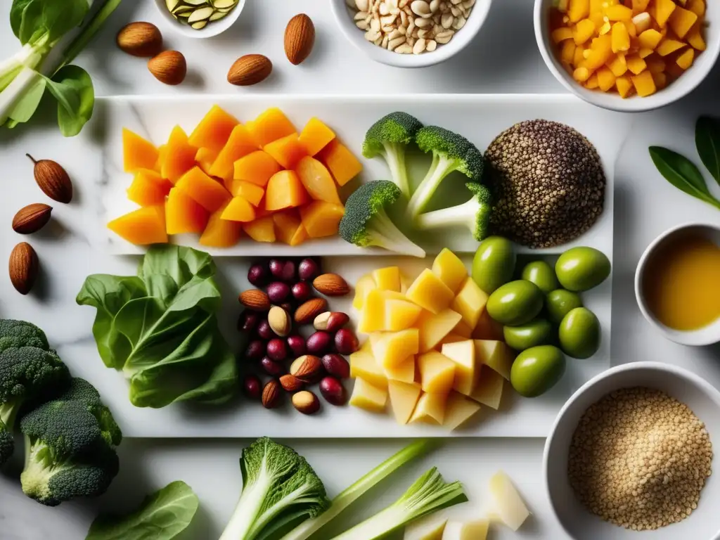 Una exquisita y vibrante variedad de verduras, frutos secos y semillas sobre una encimera de mármol blanco. La luz natural resalta su frescura y calidad, creando una conexión psicológica con la dieta cetogénica.