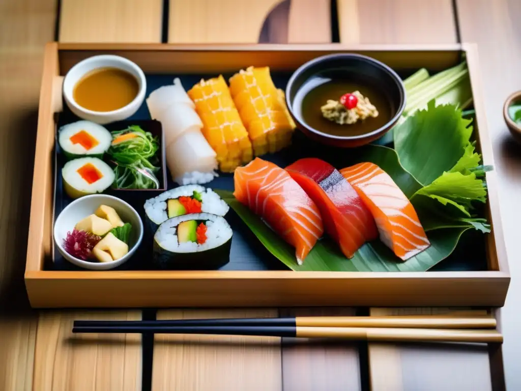 Un exquisito bento japonés con alimentos cetogénicos, como sashimi, ensalada de algas y tamagoyaki, en una bandeja de madera con elegantes palillos.