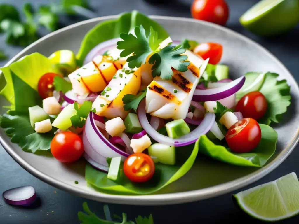 Un exquisito ceviche keto: pescado blanco fresco, tomate, cebolla, cilantro, lima, lechuga, sal marina y aceite de oliva dorado.