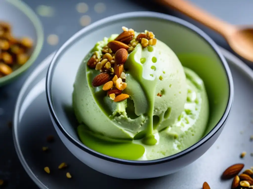 Un exquisito helado cetogénico de aguacate, con textura suave y vibrante color verde, adornado con nueces y rodajas de aguacate fresco.