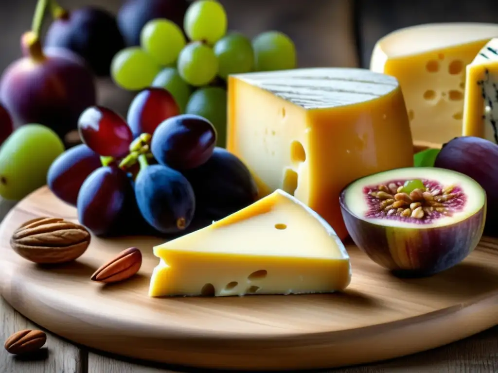 Un exquisito maridaje de quesos artesanales con frutas y nueces en una tabla de madera, perfecta para maridaje vinos y quesos cetogénicos.