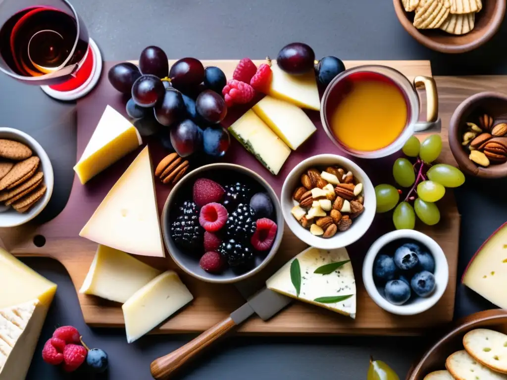 Un exquisito maridaje de vinos y quesos cetogénicos, presentado de forma elegante con una variedad de sabores y colores irresistibles.