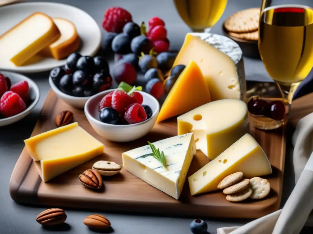 Un exquisito maridaje de vinos y quesos cetogénicos en una tabla de madera con frutas y nueces.