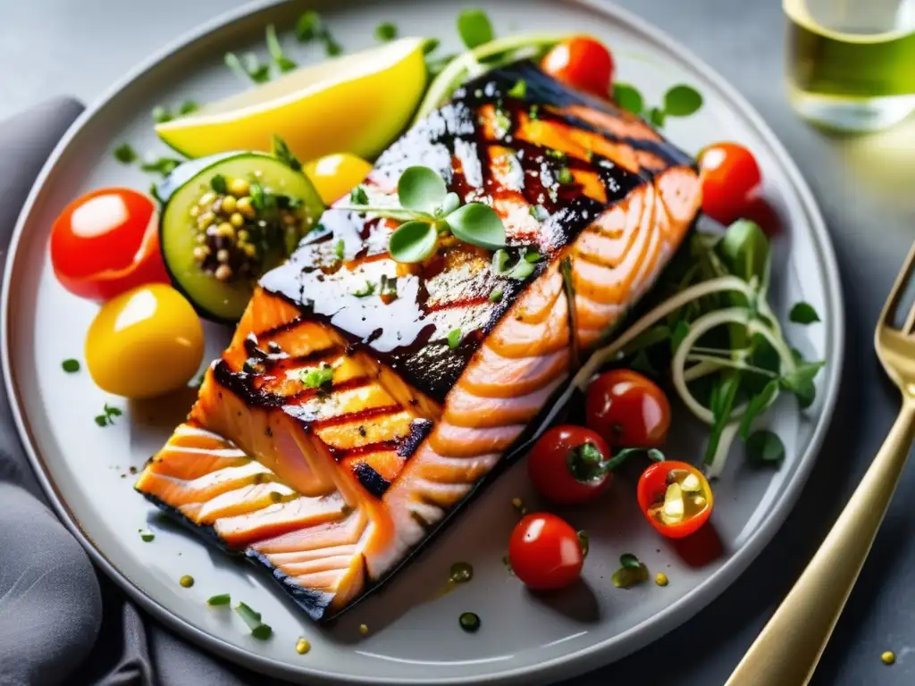 Un exquisito menú cetogénico para perder peso: salmón a la parrilla con verduras asadas y aceite de hierbas, presentado en un elegante plato blanco.