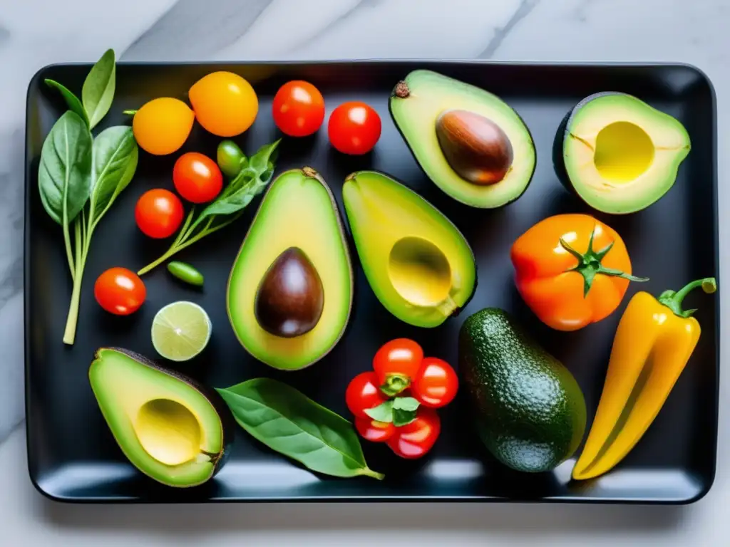 Un exquisito menú cetogénico con productos frescos, expertamente dispuestos en un elegante plato negro sobre una encimera de mármol.