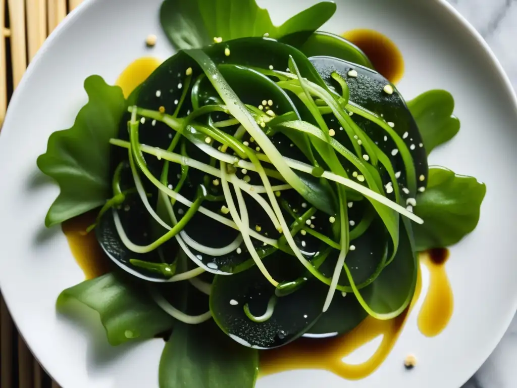 Ensalada de Algas Marinas: Belleza Natural en un Plato Un exquisito plato de algas verdes con beneficios en dieta cetogénica, resplandeciendo con frescura y vitalidad.