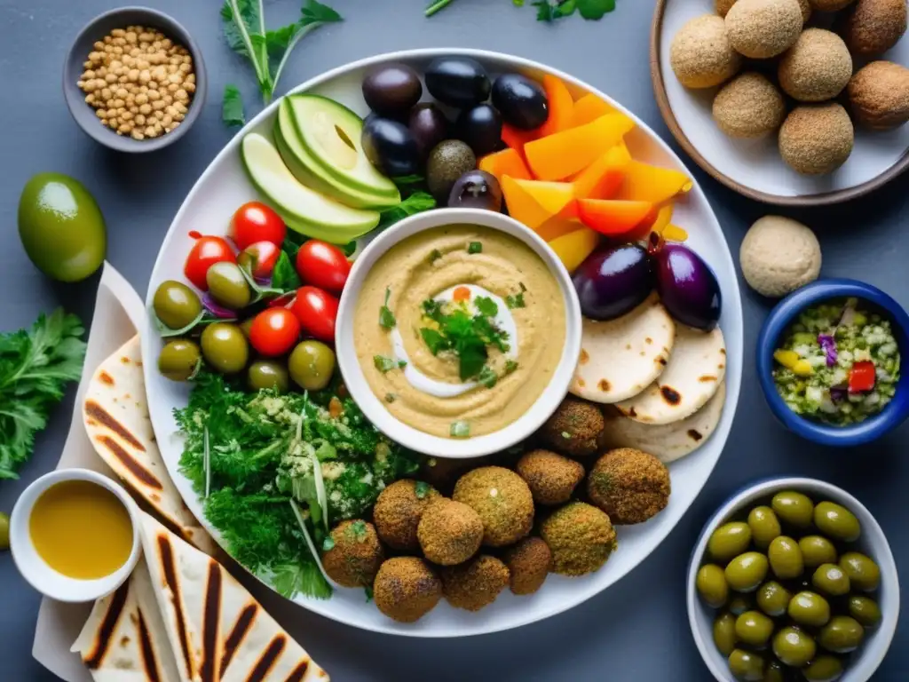 Un exquisito plato con delicias árabes keto-friendly, como hummus, falafel, tabbouleh, aceitunas y verduras encurtidas, acompañadas de pan pita y tahini.