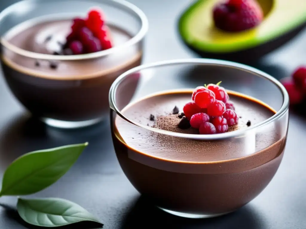 Un exquisito postre cetogénico sin azúcar: Mousse de chocolate y aguacate en copa, con polvo de cacao y frambuesa.