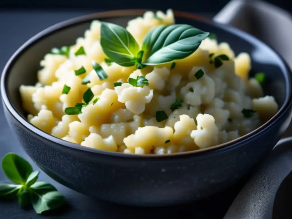 Un exquisito risotto de coliflor cetogénico gourmet, con textura cremosa y toques de queso parmesano y hierbas frescas, en un elegante ambiente.