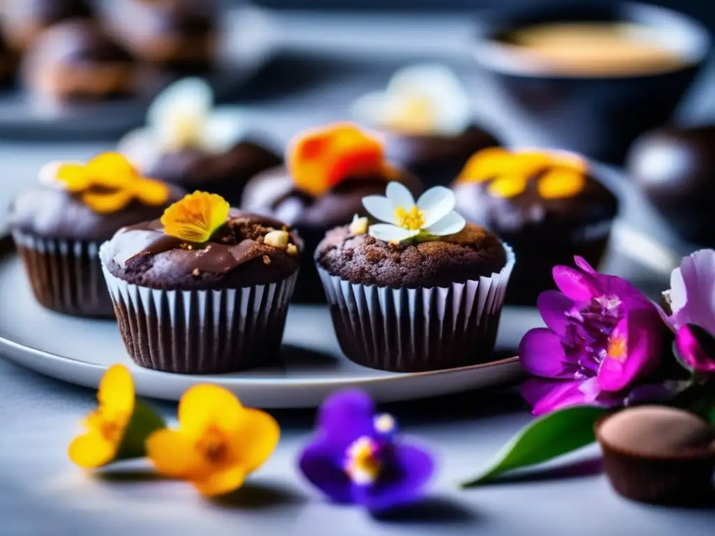 Un exquisito surtido de postres cetogénicos, como brownies de harina de almendra, cupcakes de harina de coco y trufas de chocolate sin azúcar, presentados de forma artística en un plato minimalista, resaltando las alternativas cetogénicas para antojos dulces.