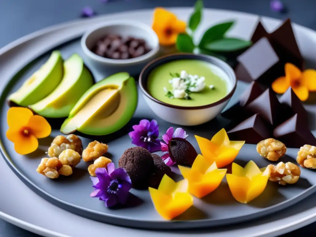 Un exquisito surtido de snacks cetogénicos con sabores innovadores, presentados de forma artística en un elegante plato minimalista.