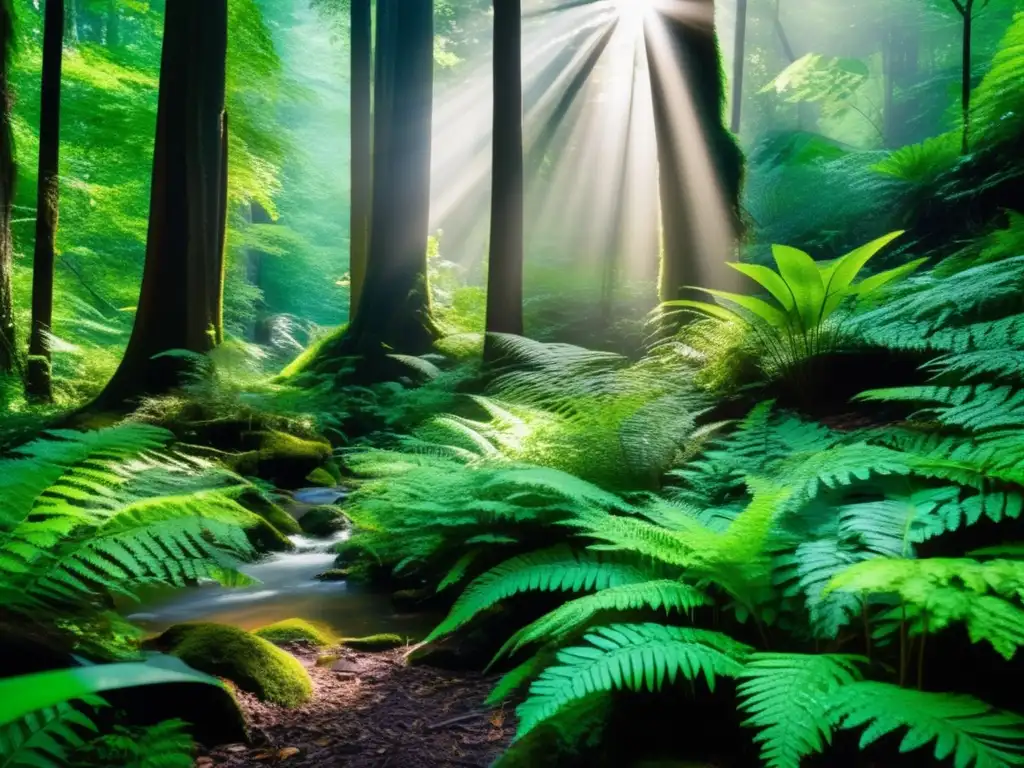 Un exuberante bosque verde, lleno de vida vegetal y luz solar, ilustra la sostenibilidad ambiental y la belleza de las dietas basadas en plantas.