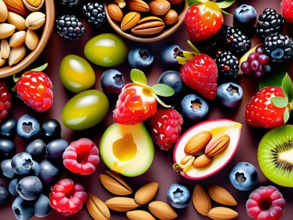 Una exuberante y detallada imagen de una colorida variedad de bayas frescas y nueces dispuestas en un intrincado y visualmente cautivador patrón. Las bayas relucen con sus jugos naturales y las nueces exudan una rica textura terrosa, creando una representación visualmente