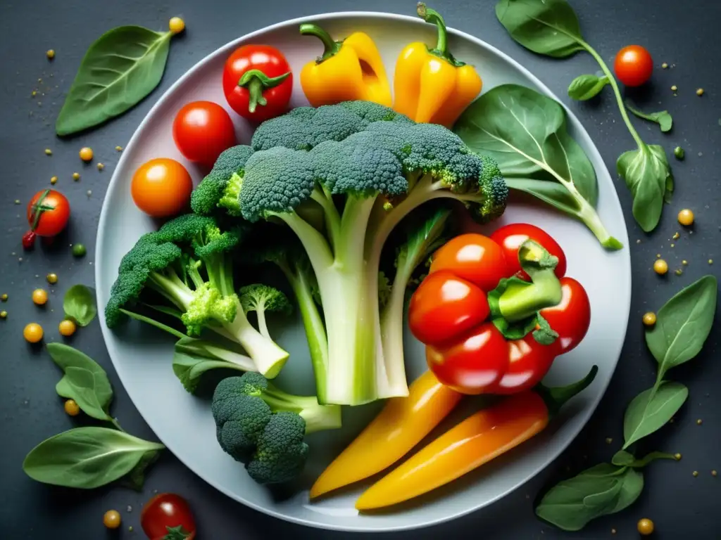 Una exuberante y detallada imagen de un plato repleto de vibrantes verduras, con efectos secundarios comunes dieta cetogénica.