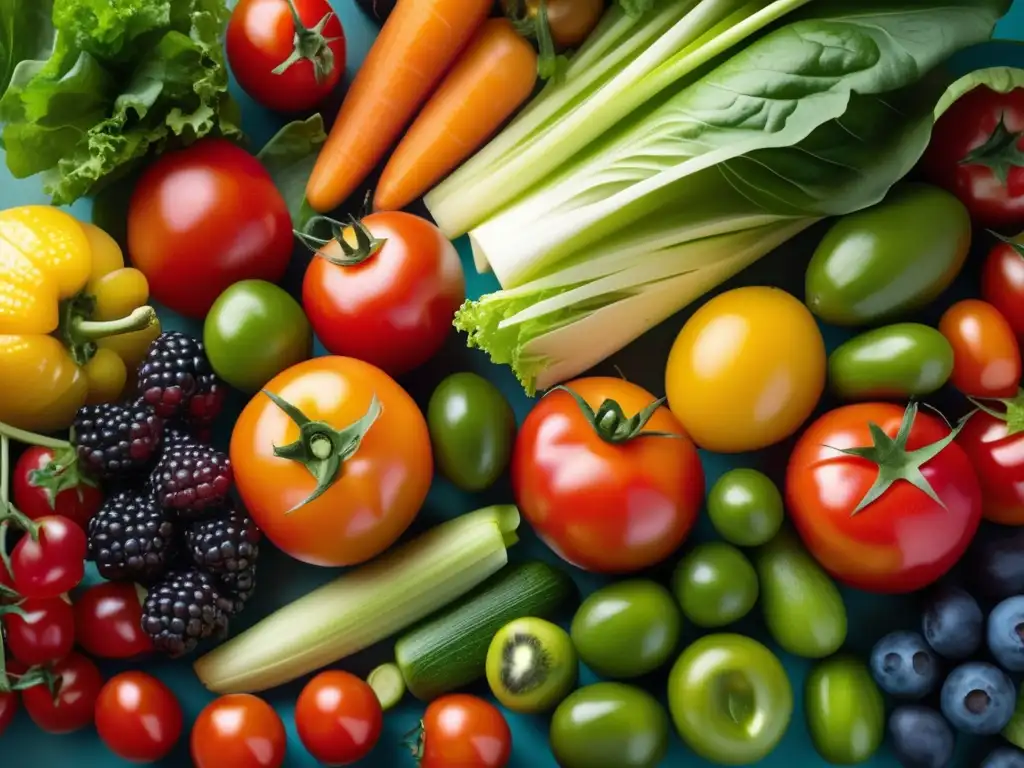 Una exuberante exhibición de frutas y verduras frescas, vibrantes y coloridas, evocando historias inspiradoras de éxito en la dieta cetogénica.