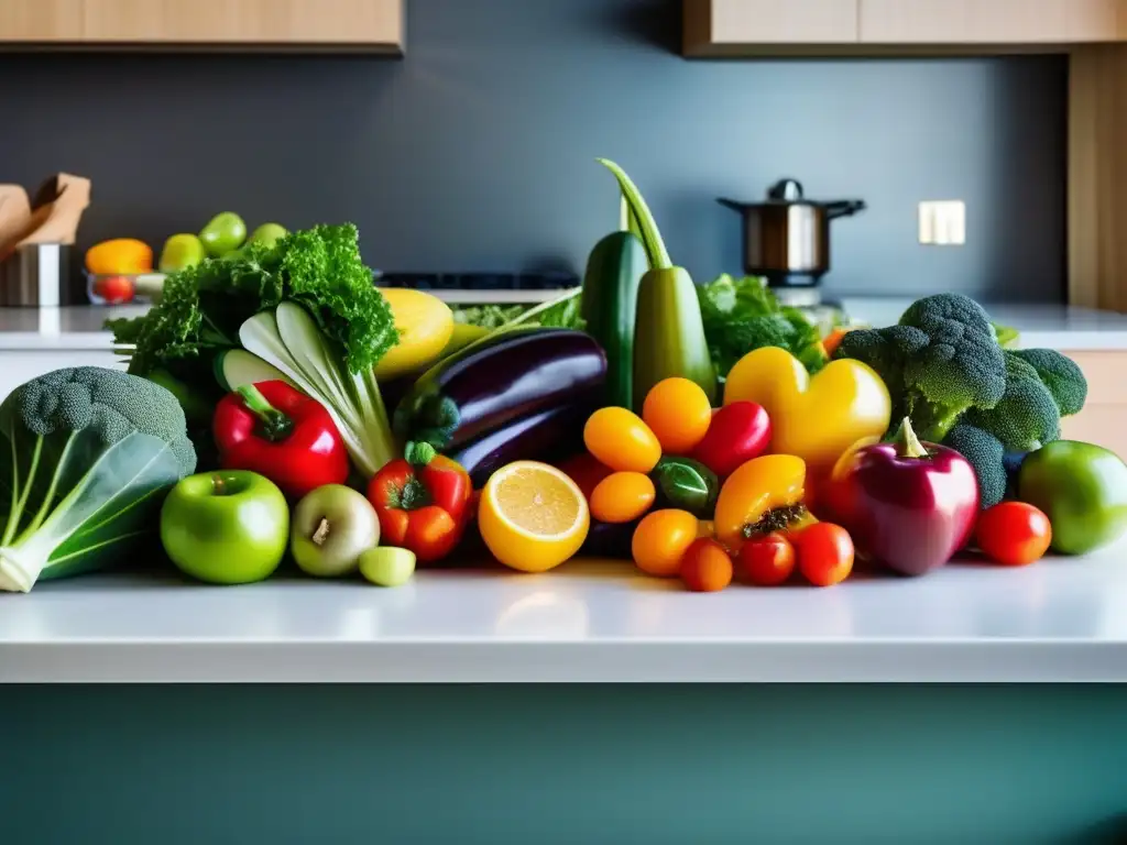 Una exuberante variedad de frutas y verduras frescas en una cocina moderna, evocando vitalidad y salud para la dieta cetogénica trastornos espectro autista.