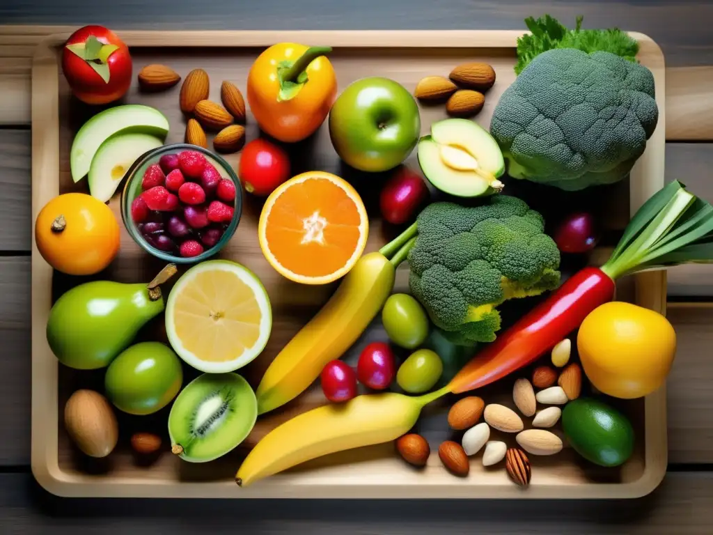 Una exuberante variedad de frutas, verduras y frutos secos frescos arreglados de forma estética en una tabla de cortar de madera. <b>Los colores vibrantes y las texturas de los alimentos resaltan, evocando frescura y alimentación saludable.</b> Cada elemento está meticulosamente colocado para mostrar