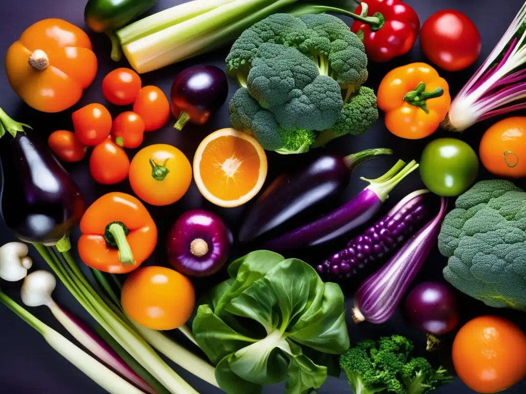 Una exuberante variedad de vegetales frescos y coloridos dispuestos de forma apetitosa, representando la dieta cetogénica para la enfermedad de Crohn.