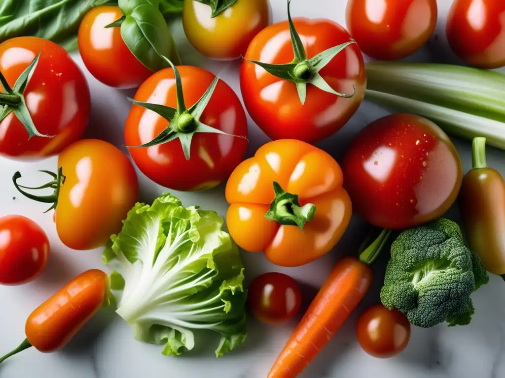 Una exuberante variedad de vegetales frescos y orgánicos, brillantes y goteando agua sobre un elegante mostrador de mármol blanco. Evoca salud, frescura y vitalidad para la dieta cetogénica y marcadores inflamatorios.