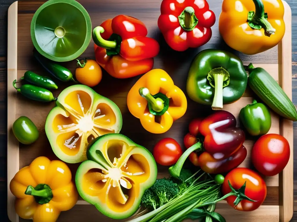 Una exuberante variedad de vegetales frescos sobre tabla de cortar de madera con gotas de agua, destacando los beneficios de una dieta cetogénica.