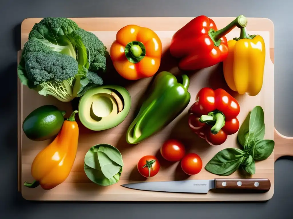 Una exuberante variedad de vegetales orgánicos frescos, resplandeciendo con colores vibrantes, dispuestos sobre una elegante tabla de cortar. La luz natural realza sus texturas y tonalidades, evocando la vitalidad y los beneficios de la dieta cetogénica en lesiones.