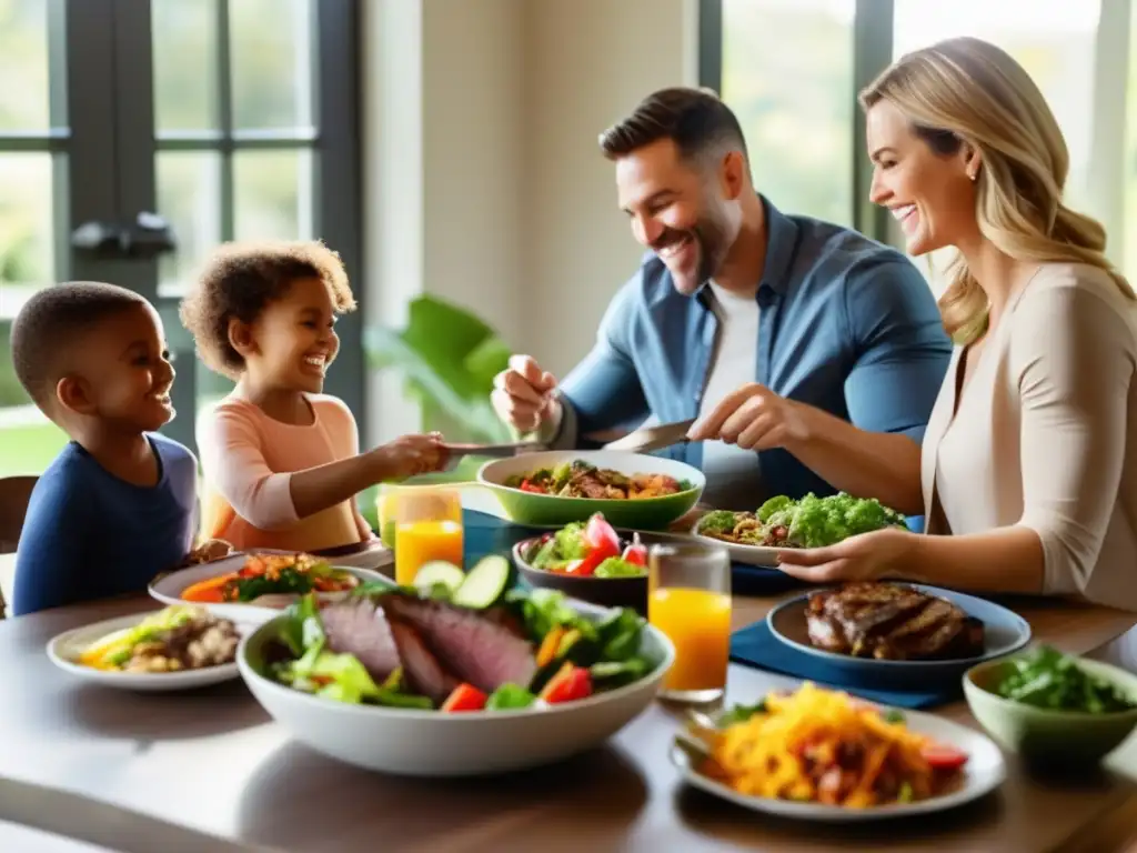 Una familia disfruta de una comida cetogénica en su moderna cocina, creando un ambiente cálido y acogedor para la dieta cetogénica vida familiar.