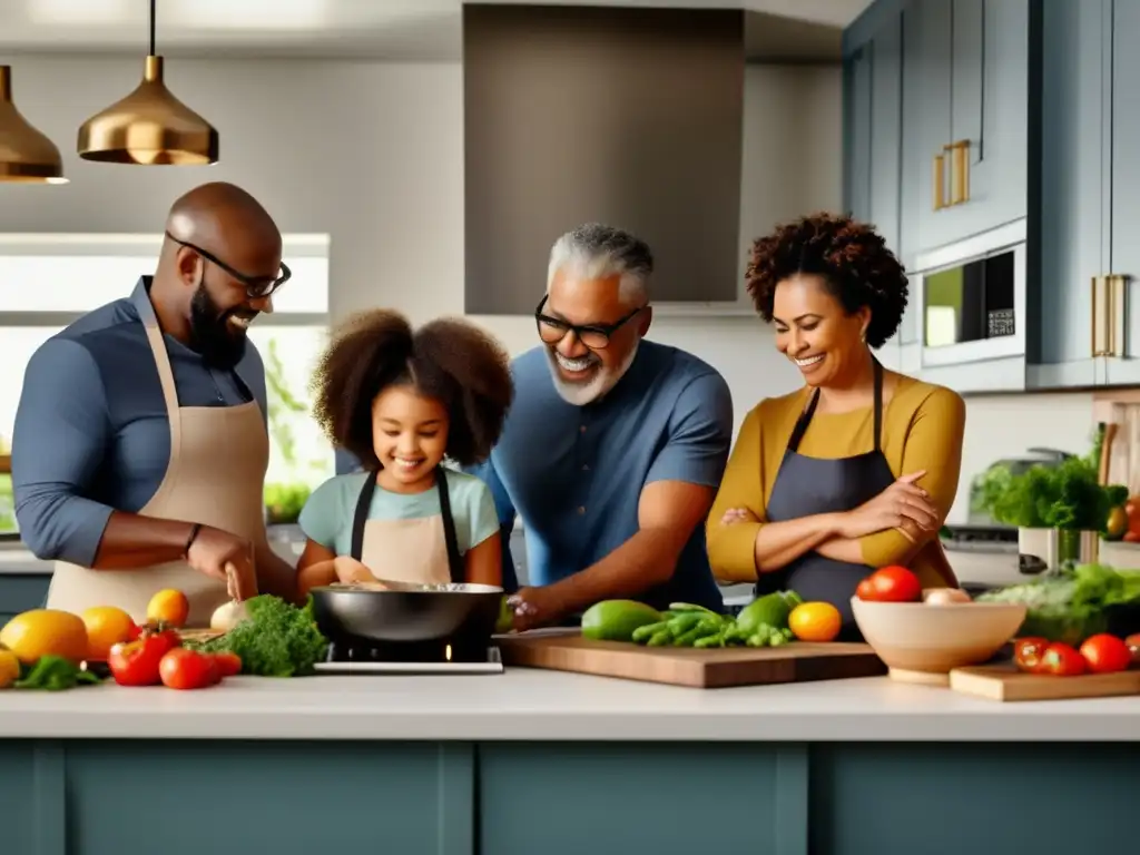 Una familia diversa cocina recetas de cocina cetogénica juntos en una cocina moderna, mostrando calidez y trabajo en equipo.