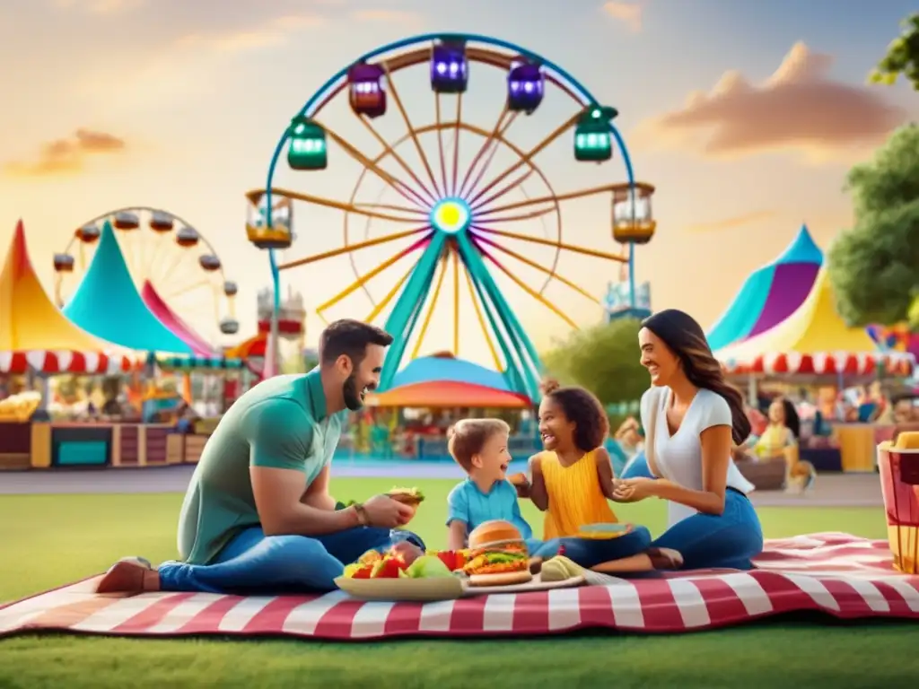 Una familia disfruta de un picnic cetogénico en un animado parque temático, rodeados de atracciones coloridas y visitantes alegres. Los padres preparan una comida cetogénica en una manta a cuadros, mientras que sus hijos desenvuelven con entusiasmo sus propios bocadillos keto.