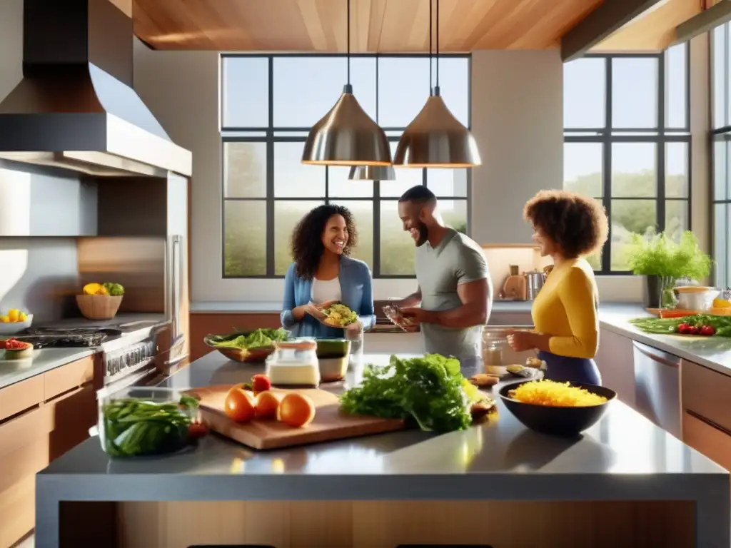 Una familia preparando recetas de cocina cetogénica en una cocina moderna y vibrante, llena de luz natural y alimentos frescos.