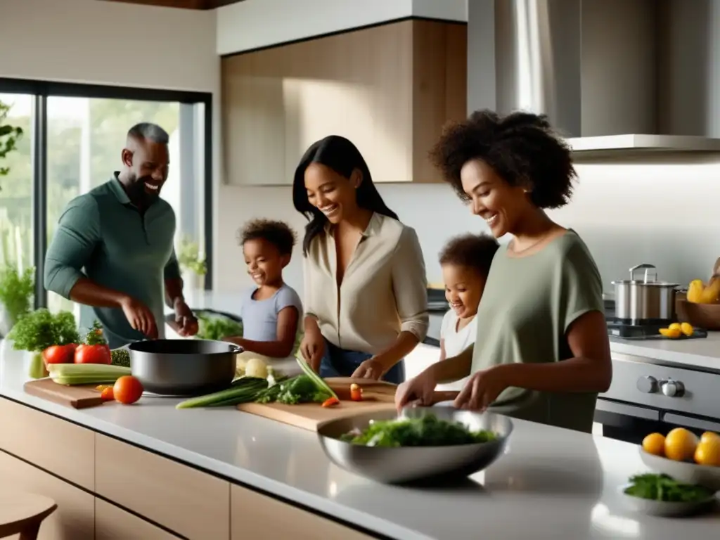 Una familia unida cocina recetas familiares dieta cetogénica en una cocina moderna y luminosa.