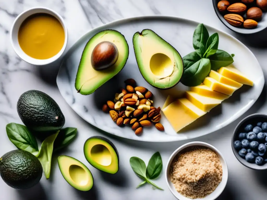 Un festín de alimentos cetogénicos coloridos y bien organizados sobre una elegante encimera de mármol. <b>La iluminación natural realza los colores y texturas, creando una escena apetitosa que muestra la diversidad y posibilidades del menú cetogénico.</b> Errores en planificación menús