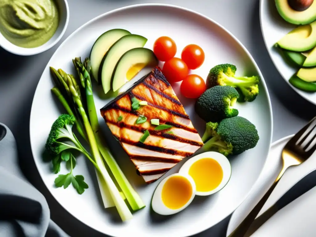 Un festín cetogénico para deportistas: vibrantes verduras, proteínas magras y grasas saludables en un plato blanco moderno.