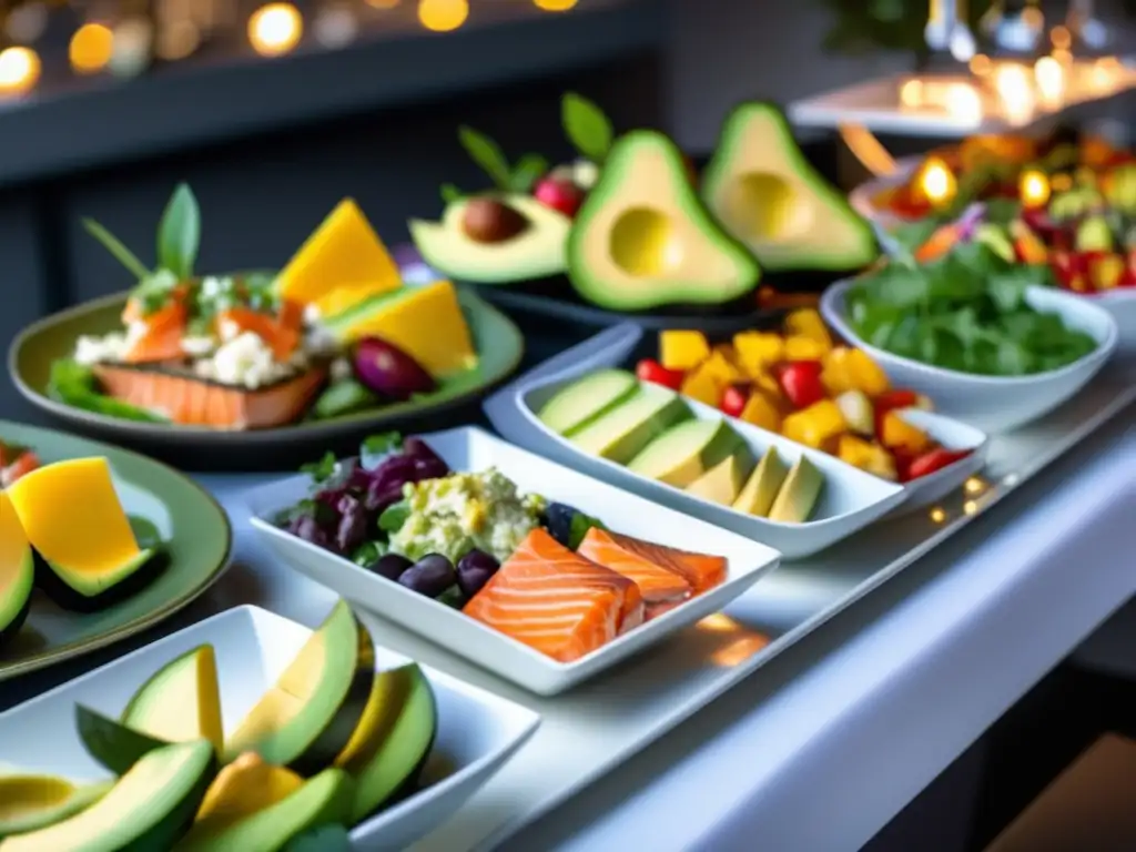 Un festín cetogénico de lujo con platos coloridos y vibrantes estrategias cetogénicas buffets tentaciones