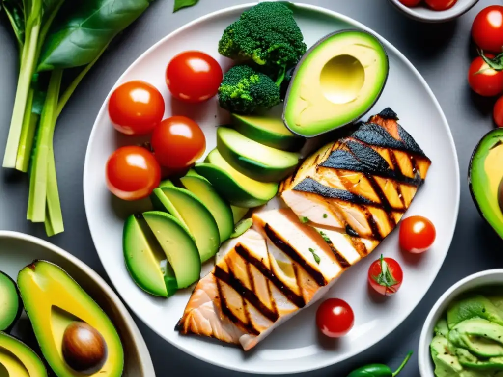 Un festín cetogénico con verduras coloridas y proteínas, desmontando prejuicios sobre la dieta cetogénica.