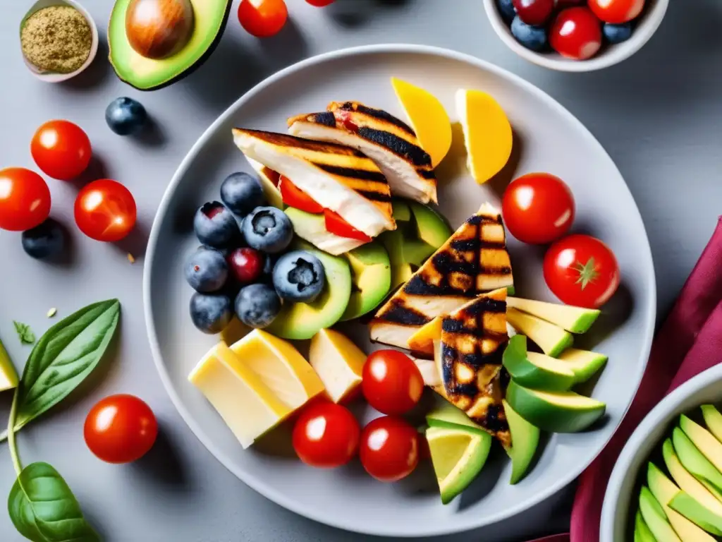 Un festín colorido y vibrante de opciones cetogénicas para niños, con aguacate, tomates cherry, queso, pollo a la parrilla y bayas frescas. Menús cetogénicos para niños en una presentación atractiva en una cocina moderna.