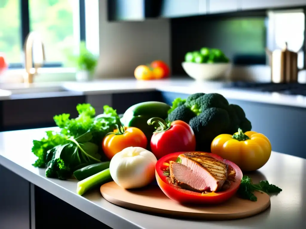 Un festín de ingredientes locales frescos y coloridos para recetas cetogénicas en una cocina moderna.