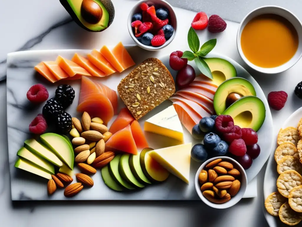 Un festín de premios saludables dieta cetogénica: coloridos bocados y tentaciones, elegancia en mármol y luz cálida.