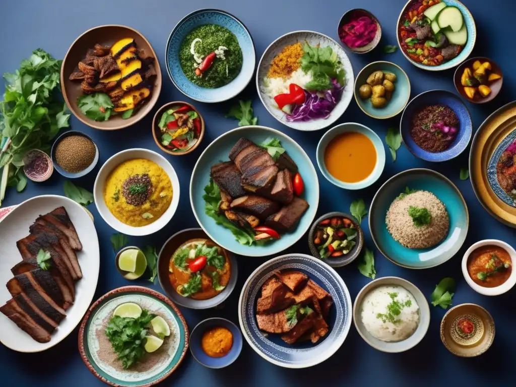 Un festín de recetas dieta cetogénica mundo árabe, con platos vibrantes y coloridos, presentados de forma exquisita en elegantes platos de cerámica.