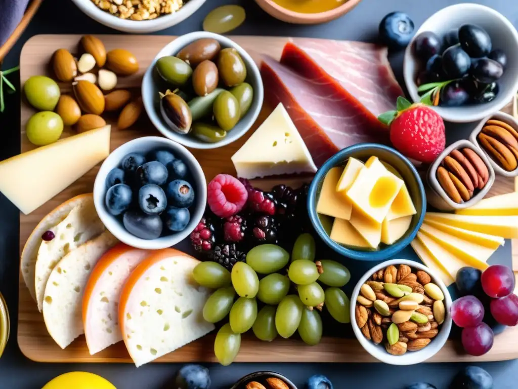 Un festín de snacks cetogénicos energéticos saludables, deslumbrante y apetitoso, meticulosamente dispuesto en una tabla de madera moderna.