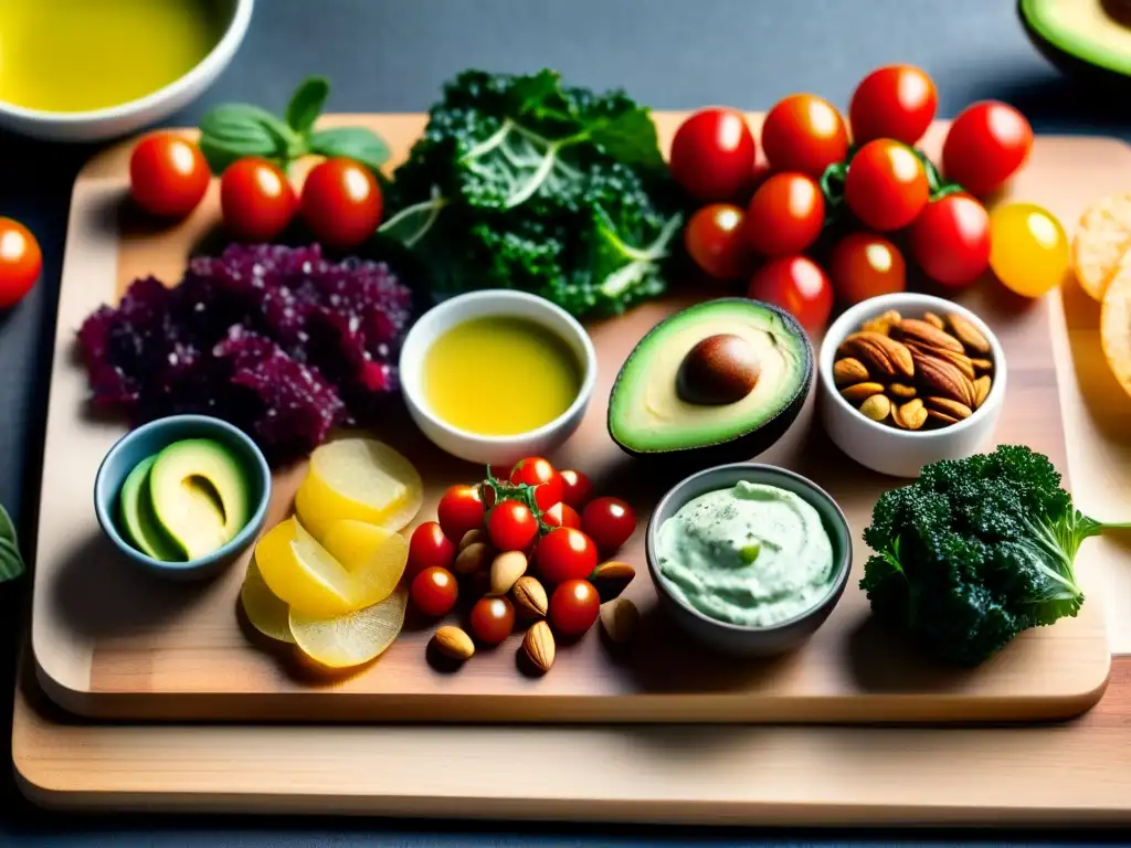 Un festín de snacks cetogénicos rápidos y nutritivos en una tabla de madera moderna, resaltando colores y texturas.