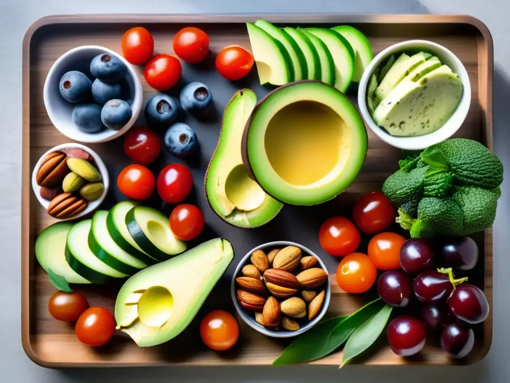 Un festín de snacks cetogénicos saludables: frutos secos, aguacate, tomates, pepino, en una tabla moderna con toques de frescura.