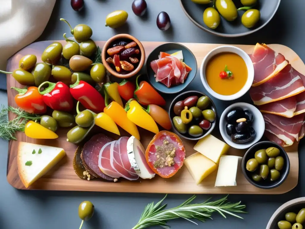 Un festín de tapas cetogénicas españolas: recetas de tapas cetogénicas deliciosas presentadas con arte en una tabla de madera moderna.