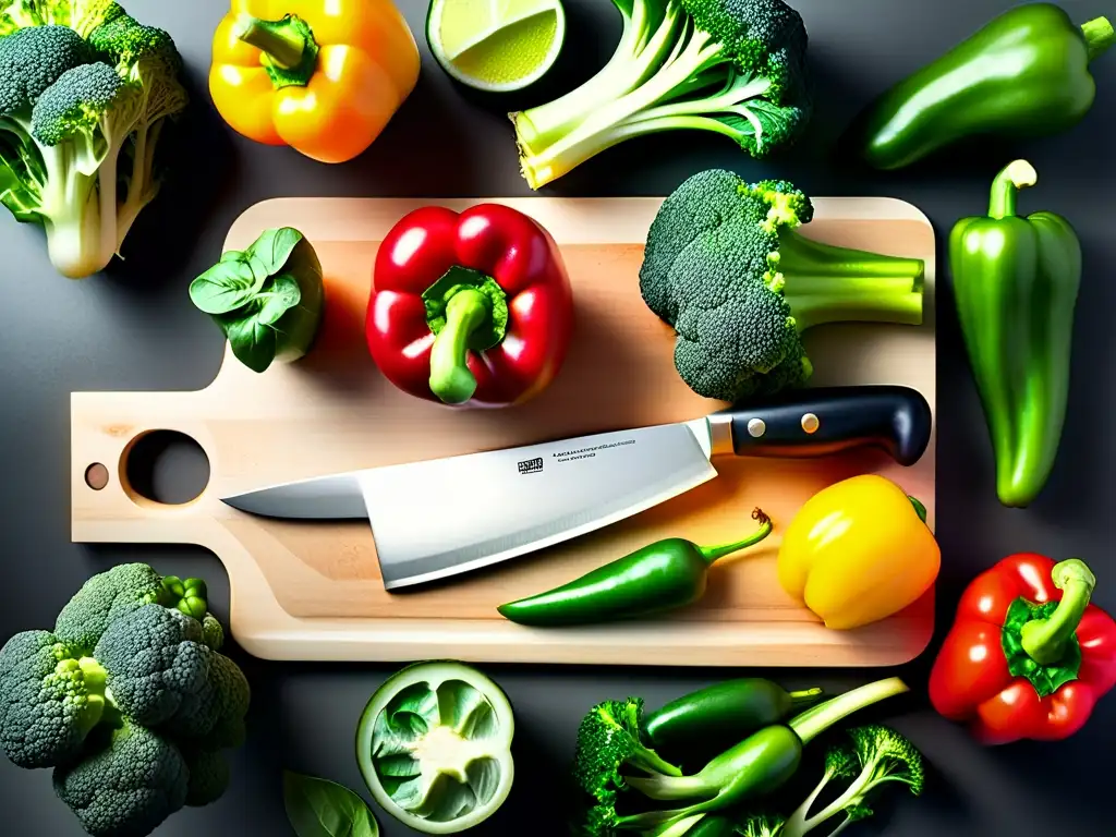 Un festín de vegetales frescos y coloridos sobre una tabla de cortar moderna, destacando los sabores naturales y la vitalidad de la 