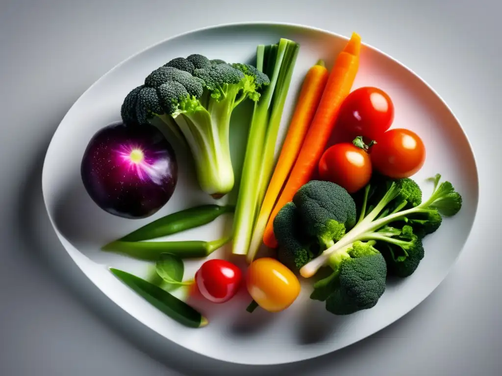 Un festín de vegetales frescos y coloridos en un plato blanco, evocando vitalidad y nutrientes clave en la dieta cetogénica.