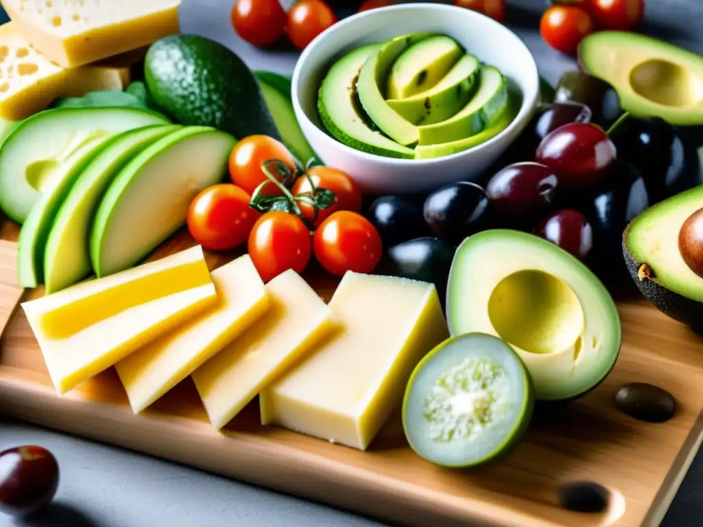 Un festín visual de snacks cetogénicos para viajes, meticulosamente dispuestos en una tabla de cortar de madera.