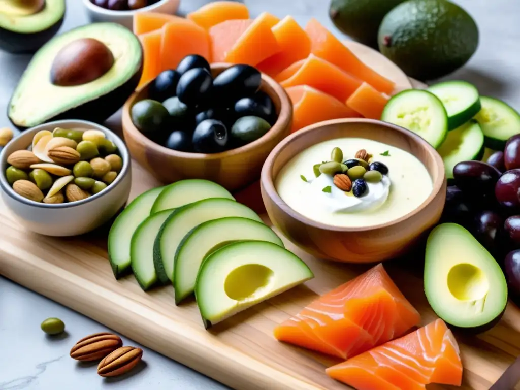 Un festín visual de snacks cetogénicos saludables sobre una tabla de cortar de madera, con colores y texturas vibrantes.