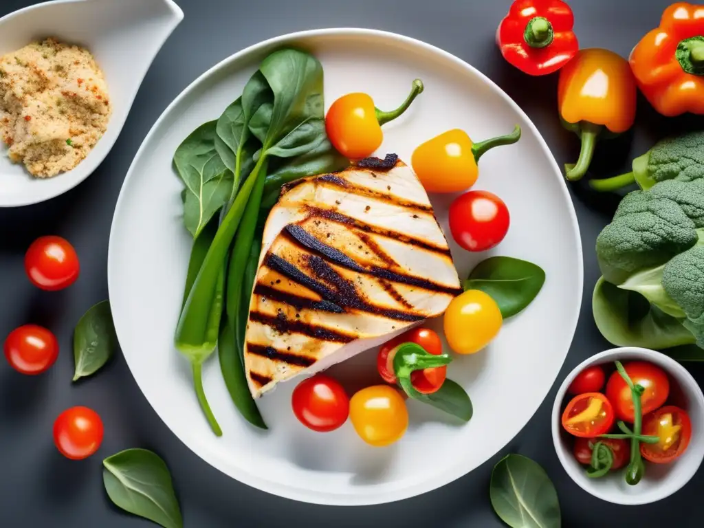 Un festín visual de verduras frescas y proteínas magras en un plato blanco, ideal para un plan alimentación cetogénica 30 días.